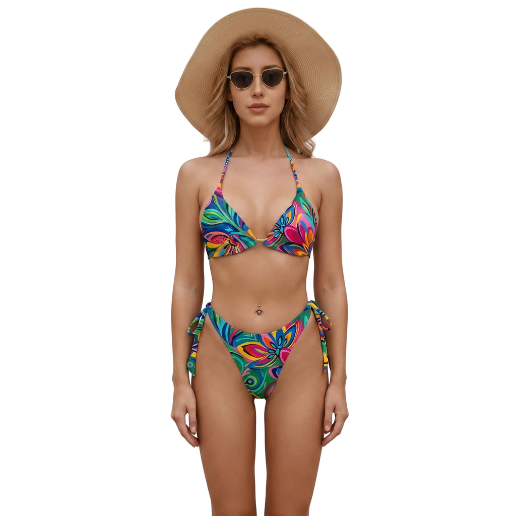 LuckeLadybug Women's Swimwear Fun Colorful Bikini with Triangle Top and Tie-Side Bottoms