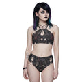 LuckeLadybug women's swimwear featuring a gothic print bikini with halter top and high-waisted bottoms