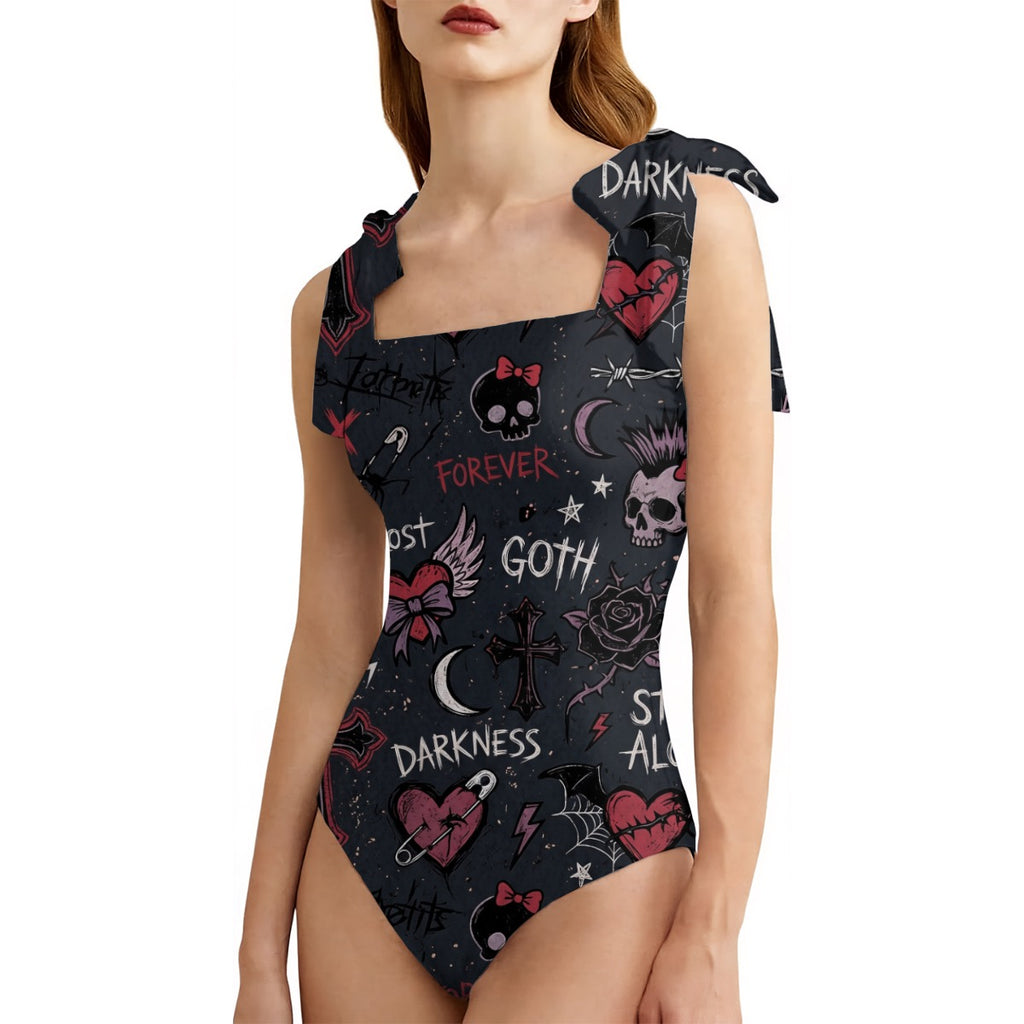 LuckeLadybug Women's Swimwear One-Piece with Gothic Print and Bow-Tie Straps