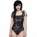 LuckeLadybug women's swimwear one-piece with gothic graphic design and tie straps
