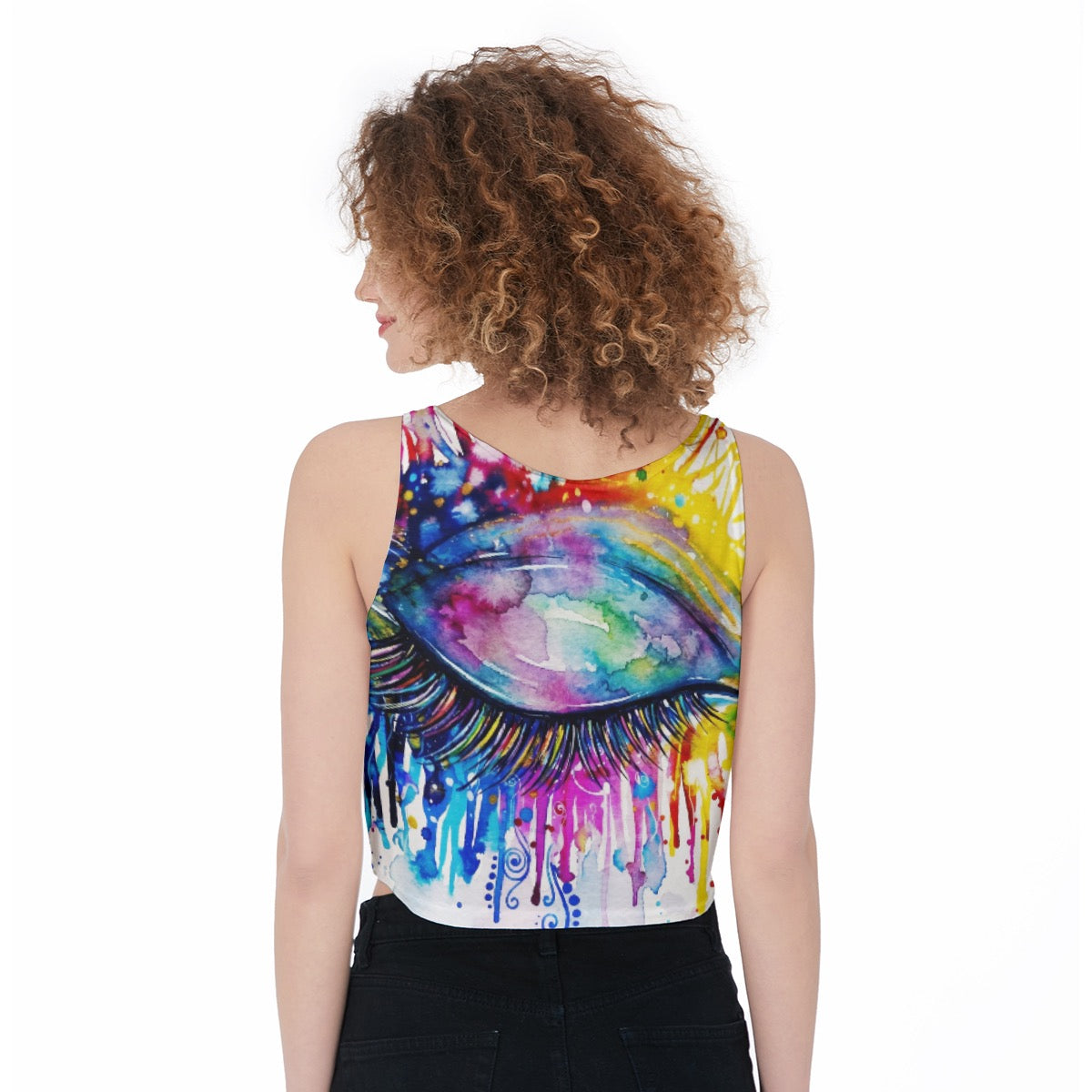 Colorful LuckeLadybug womens tank crop top featuring a vibrant eye design and artistic drip effect