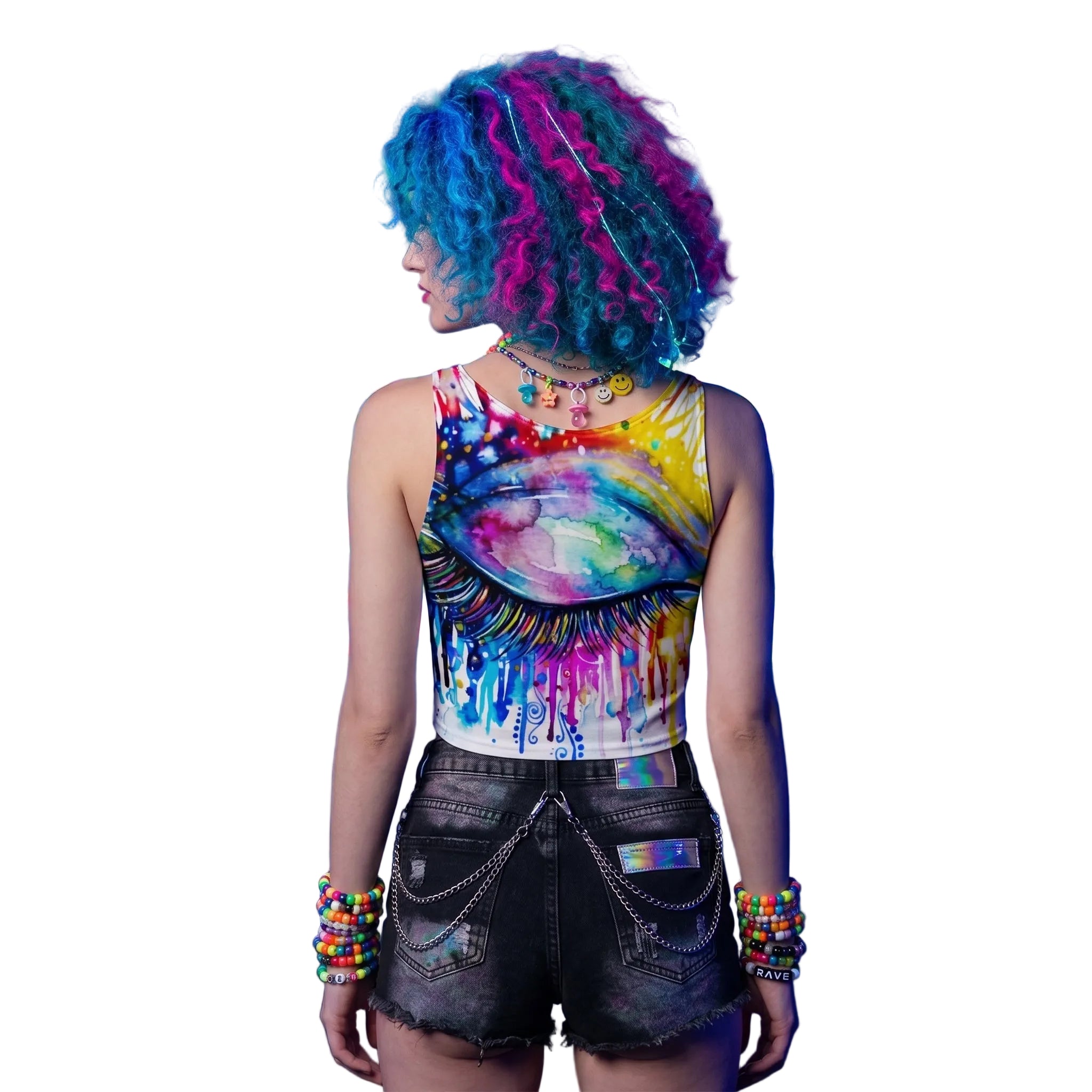 Colorful womens tank crop top with artistic eye design, perfect for a vibrant summer look
