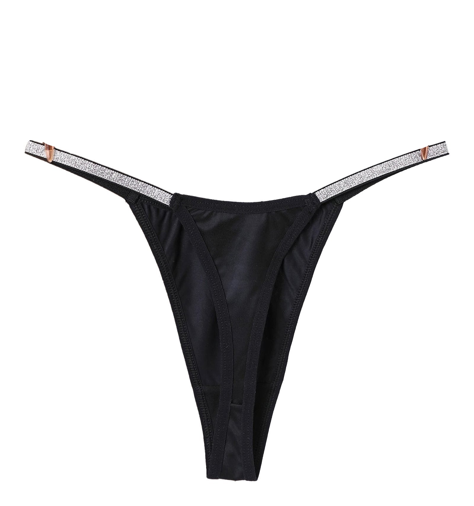Black women's thong briefs with sleek design and shimmering side details for stylish comfort