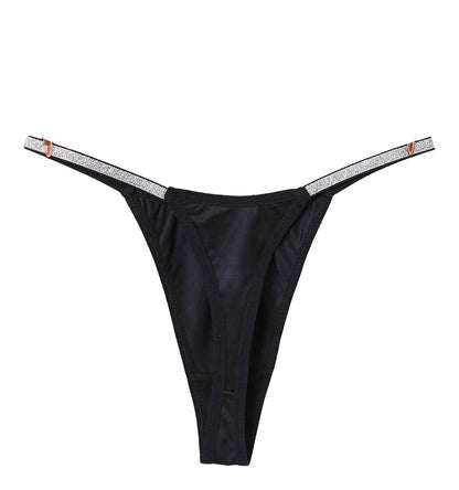 Black women's thong briefs with sleek design and shimmering side details for stylish comfort
