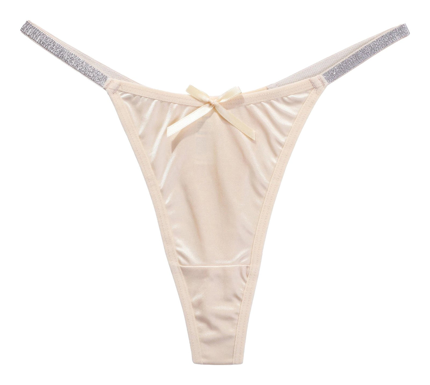 LuckeLadybug women's thong briefs in nude with a satin bow and shimmering details