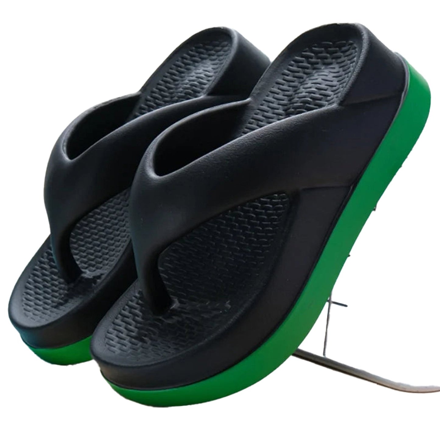 LuckeLadybug women's trendy platform flip flops 2024 in black with green sole for summer comfort