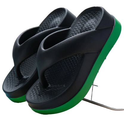 LuckeLadybug women's trendy platform flip flops 2024 in black with green sole for summer comfort