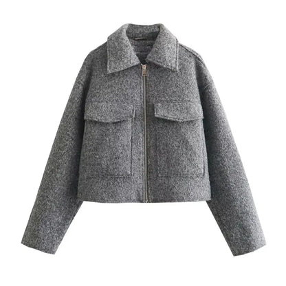 LuckeLadybug LLC women's tweed cropped jacket in gray with two front pockets and a zipper closure