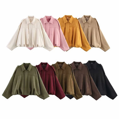 Collection of women's vintage bomber jackets in various colors including cream, pink, and brown