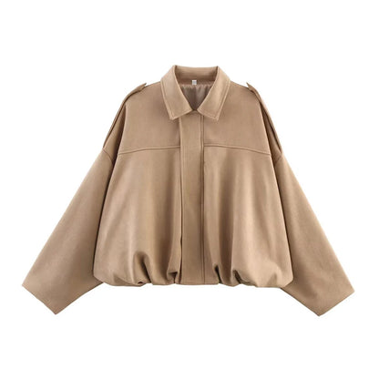 LuckeLadybug LLC women's vintage bomber jacket in soft beige with a relaxed fit and unique silhouette