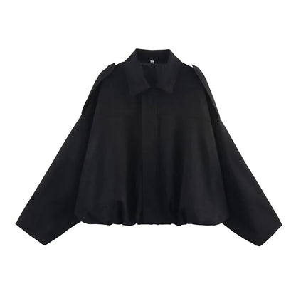 Black women's vintage bomber jacket with a stylish oversized fit and classic collar