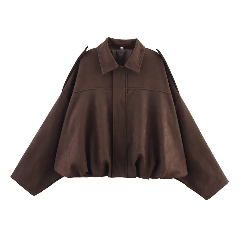 LuckeLadybug LLC women's vintage bomber jacket in dark brown with oversized sleeves and a stylish design