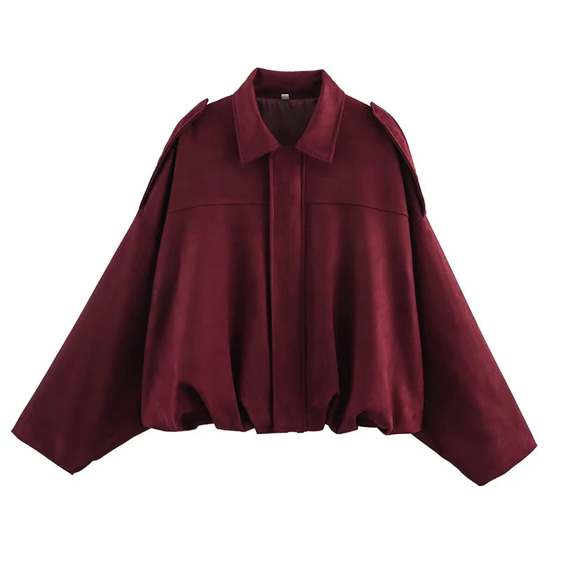 Burgundy women's vintage bomber jacket with a relaxed fit and oversized sleeves