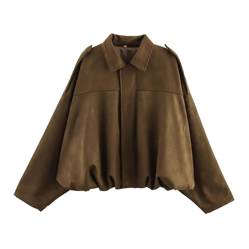 LuckeLadybug LLC women's vintage bomber jacket in brown with a relaxed fit and stylish design