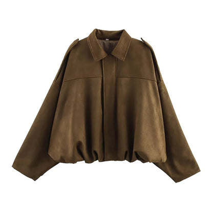 LuckeLadybug LLC women's vintage bomber jacket in brown with a relaxed fit and stylish design