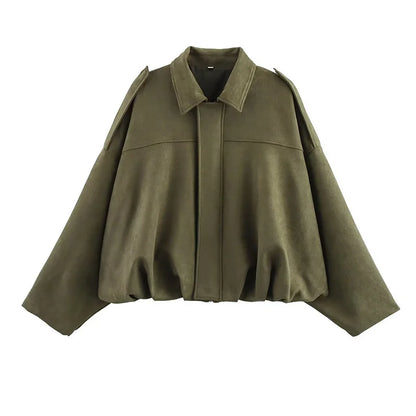 LuckeLadybug women's vintage bomber jacket in olive green with a relaxed fit and unique design