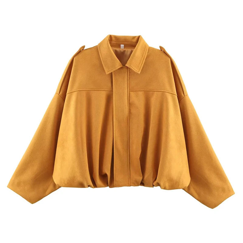 Women's vintage bomber jacket in mustard yellow with oversized sleeves and stylish design