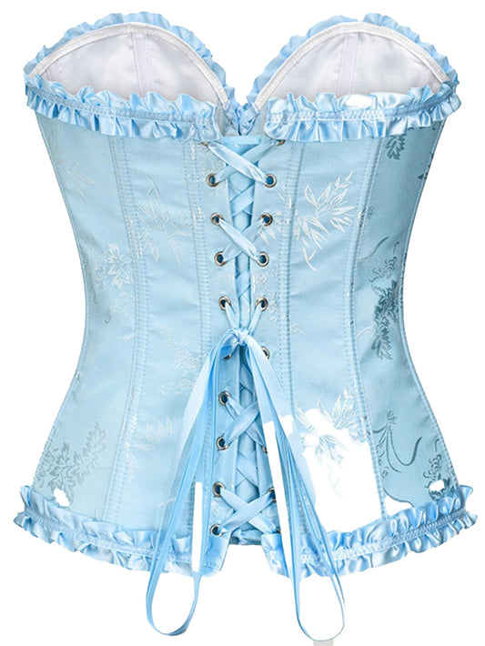 LuckeLadybug women's vintage gothic corset in light blue with lace-up back and ruffled edges