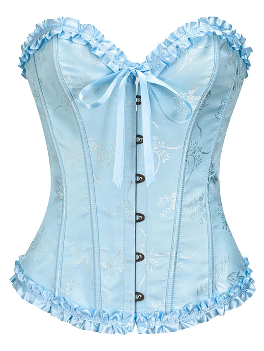LuckeLadybug women's vintage gothic corset in blue with ruffle trim and lace-up front detail