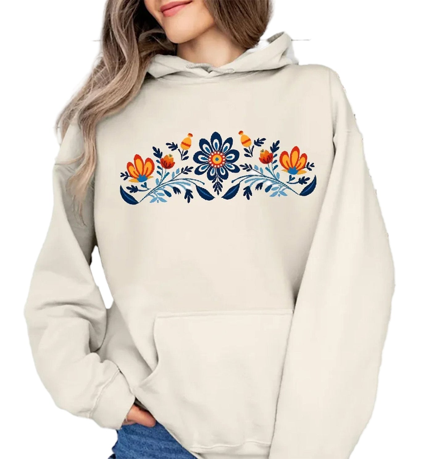 Women's washed hoodie with national symbols featuring floral designs and a cozy fit for casual wear