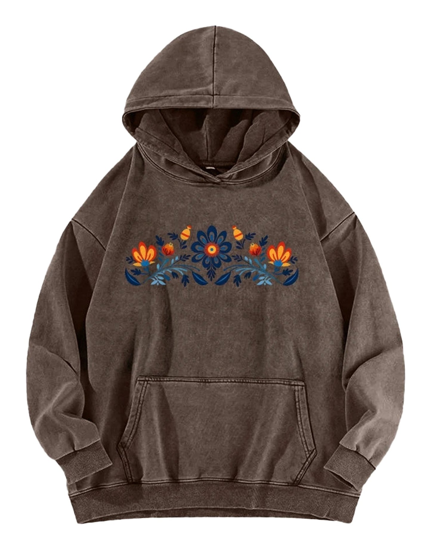LuckeLadybug women's washed hoodie with national symbols featuring floral designs in vibrant colors