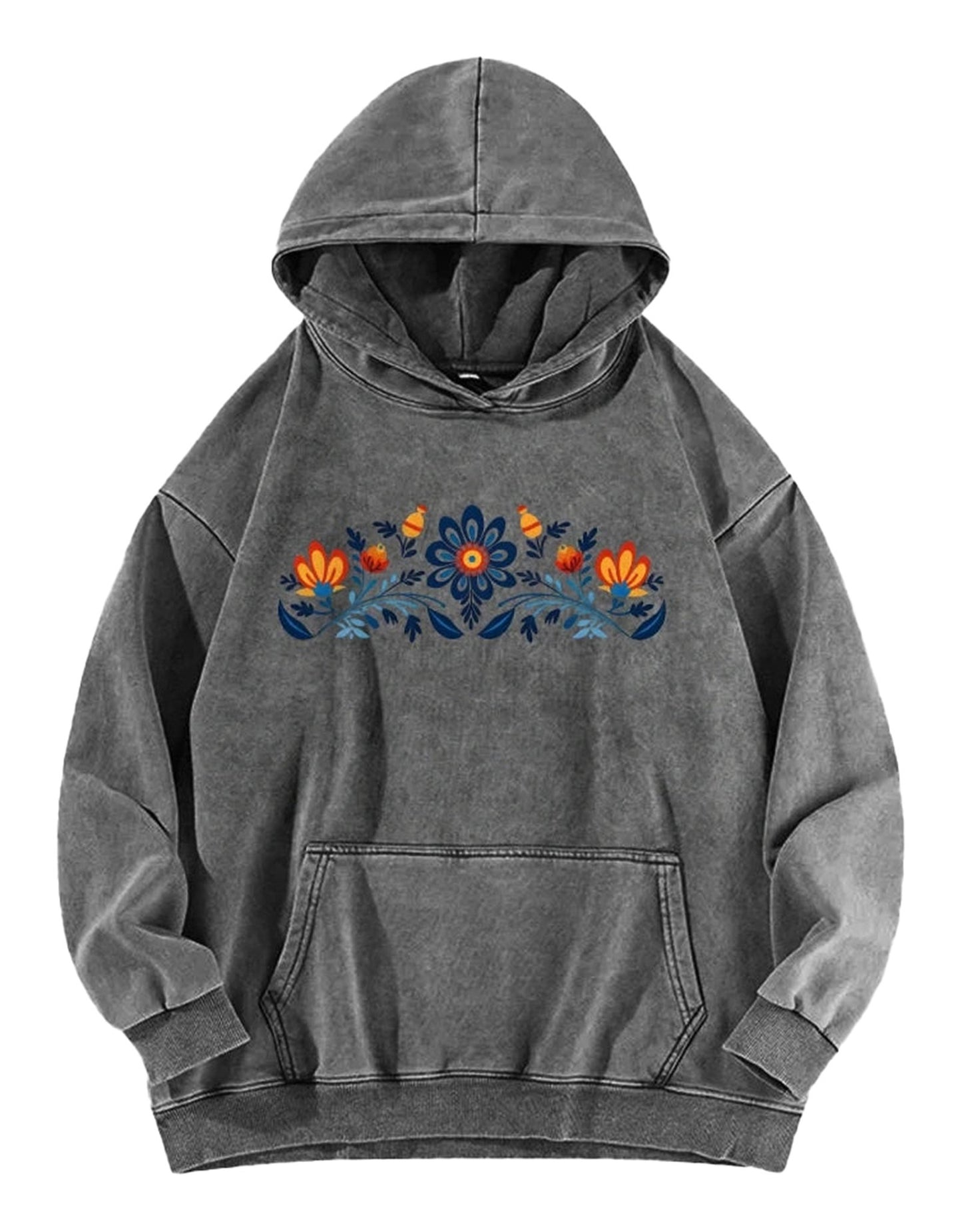 Women's washed hoodie with national symbols featuring colorful floral design and a cozy fit