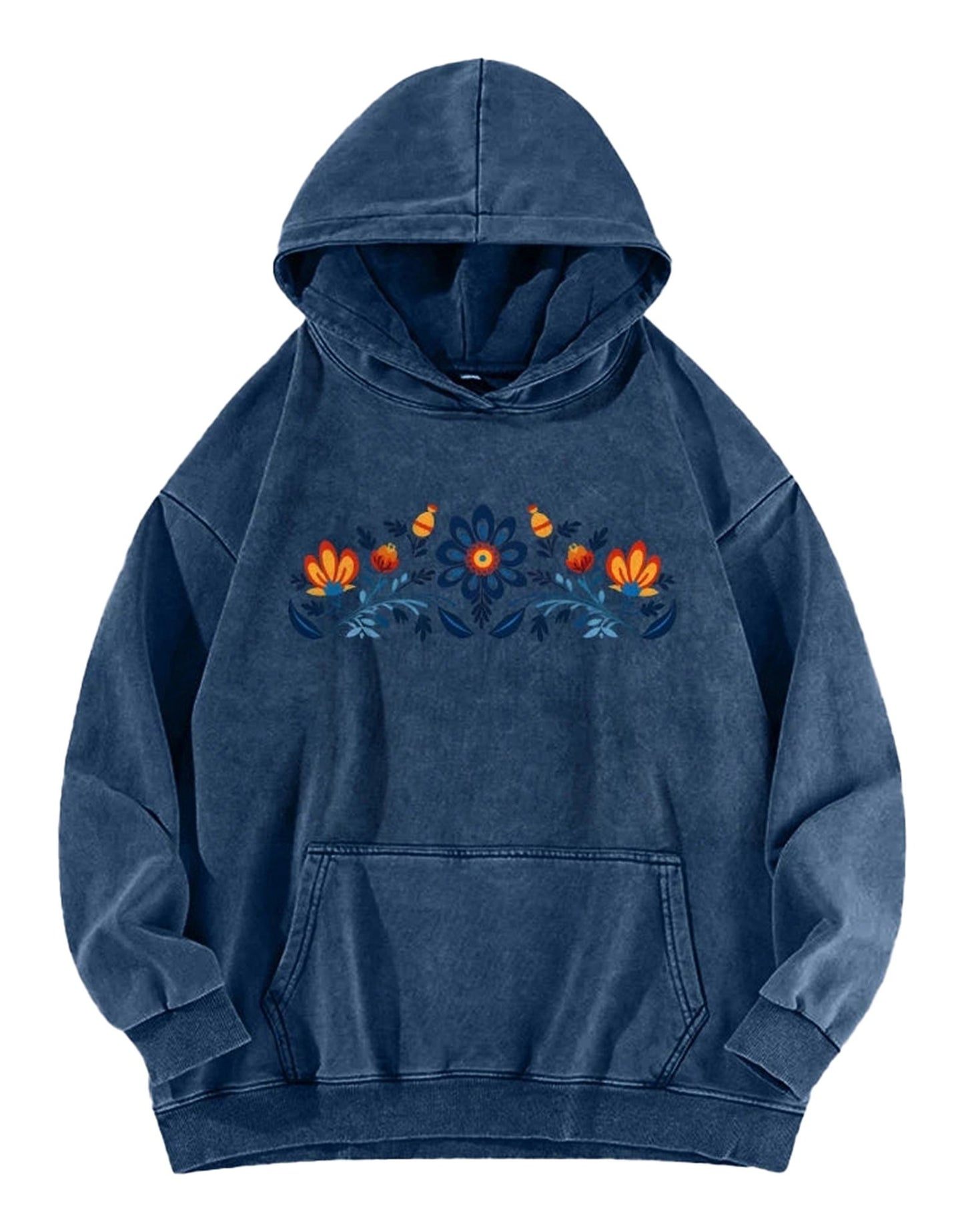 Women's washed hoodie with national symbols featuring colorful floral embroidery on a blue background