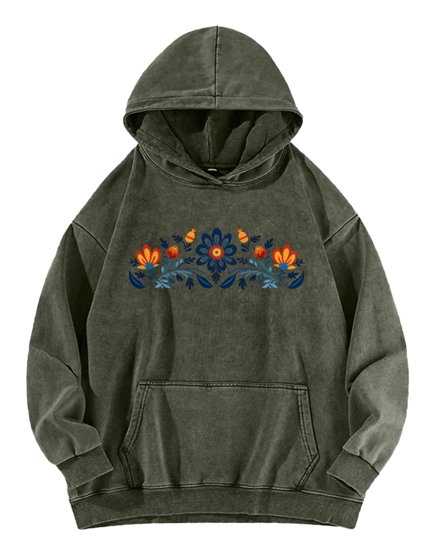 Women's washed hoodie with national symbols featuring floral design and a relaxed fit