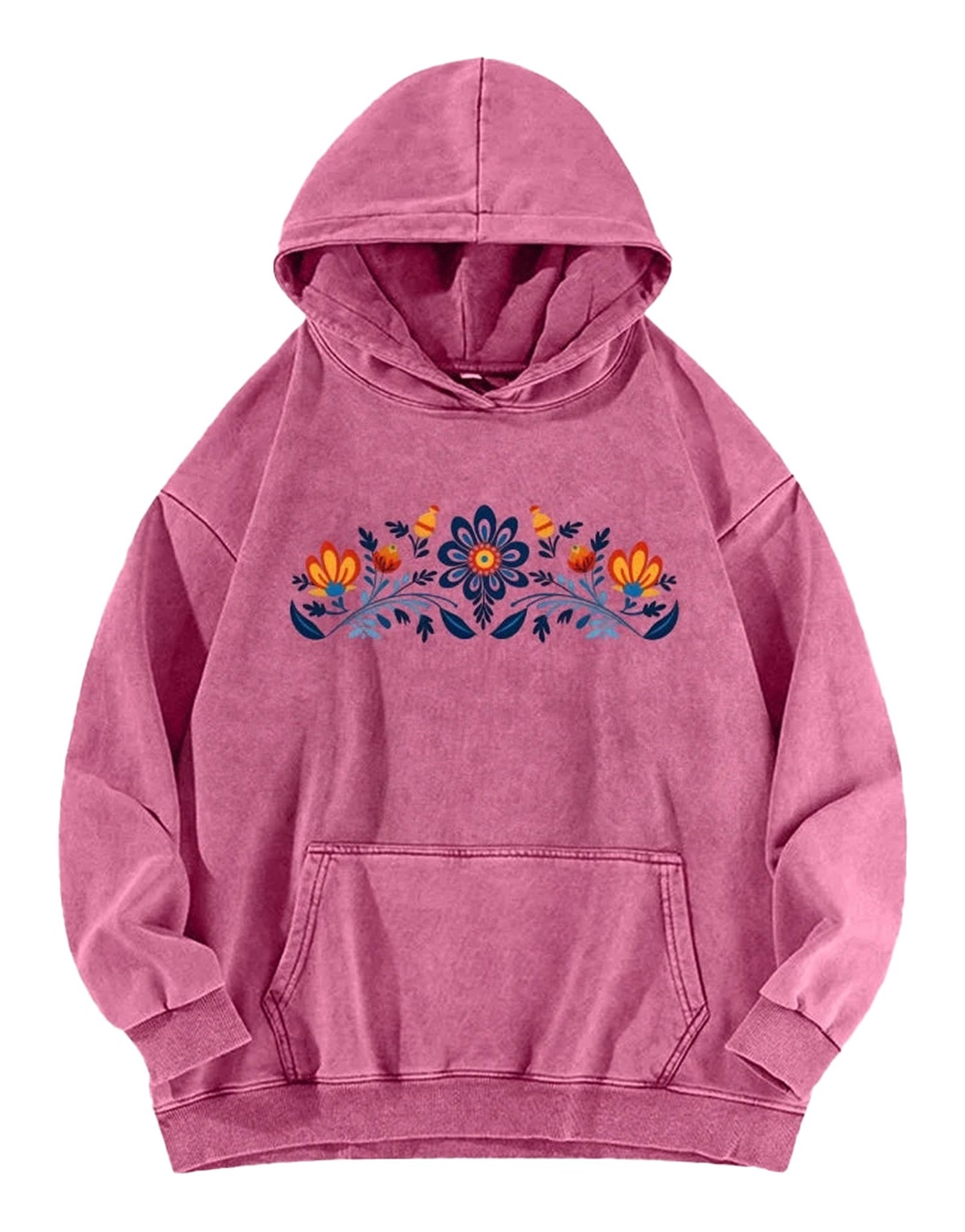 Women's washed hoodie with national symbols featuring floral embroidery in pink color