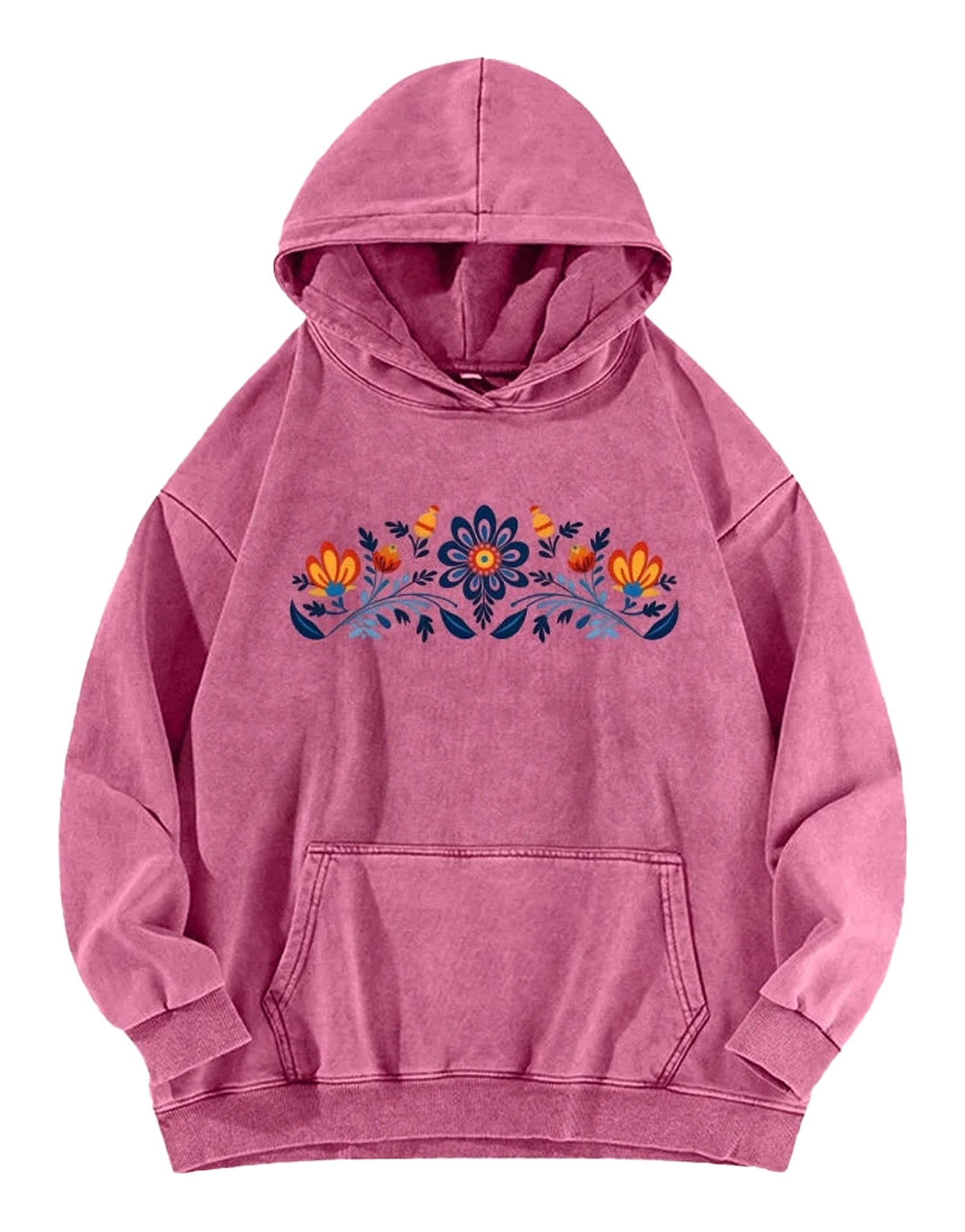 Women's washed hoodie with national symbols featuring floral embroidery in pink color