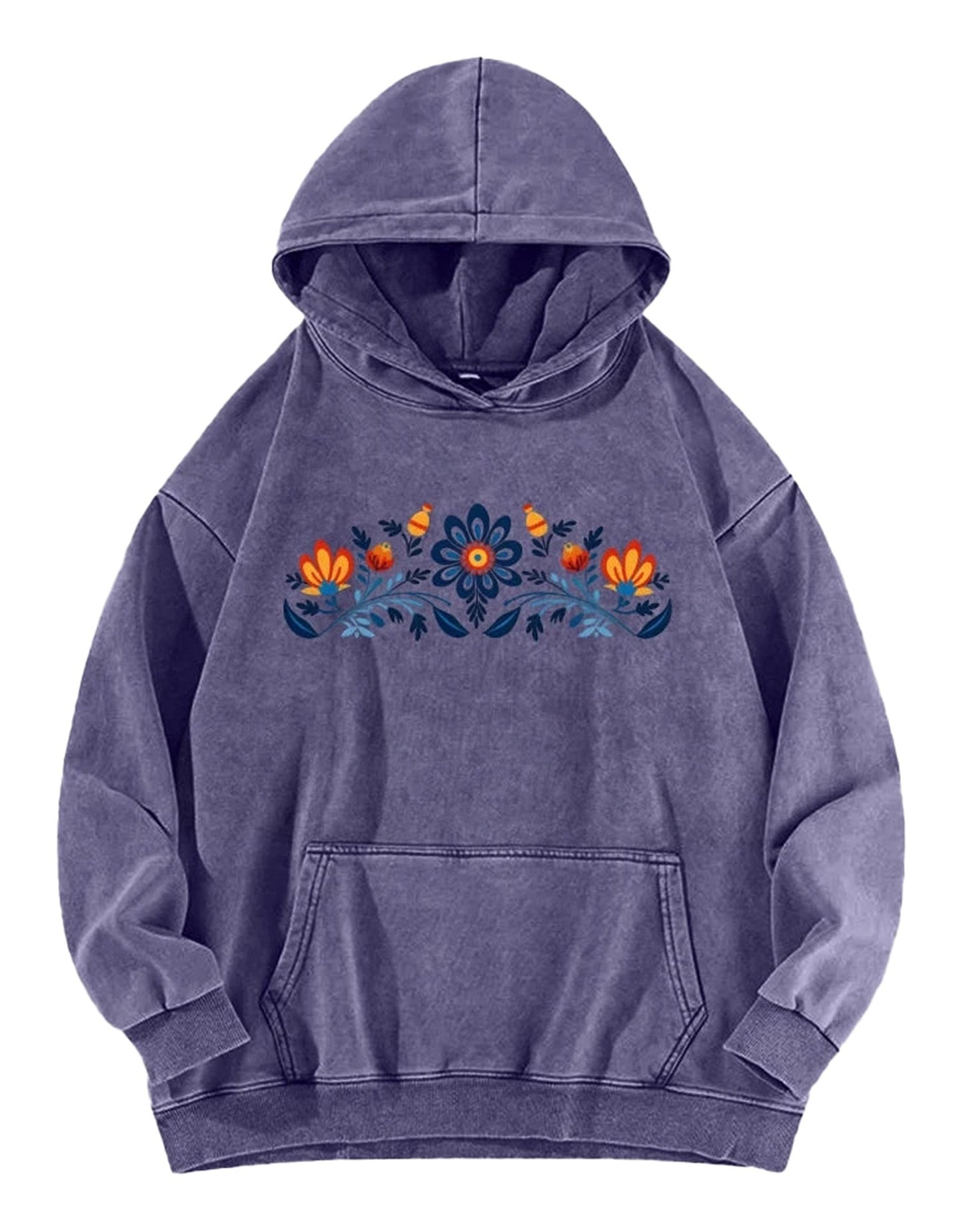 Women's washed hoodie with national symbols in purple featuring floral embroidery design