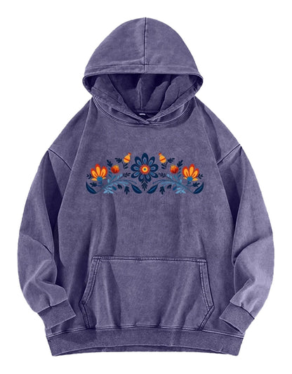 Women's washed hoodie with national symbols in purple featuring floral embroidery design