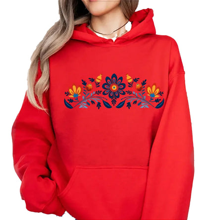 Women's washed hoodie with national symbols in vibrant red featuring floral designs