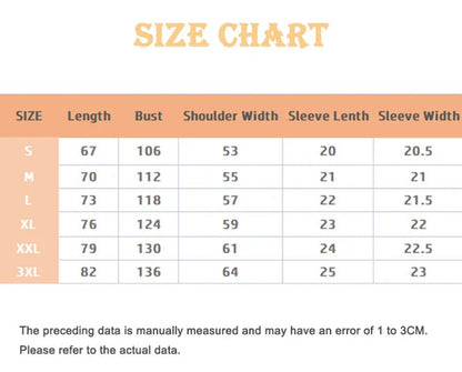 Women's washed hoodie with national symbols in a size chart displaying various measurements