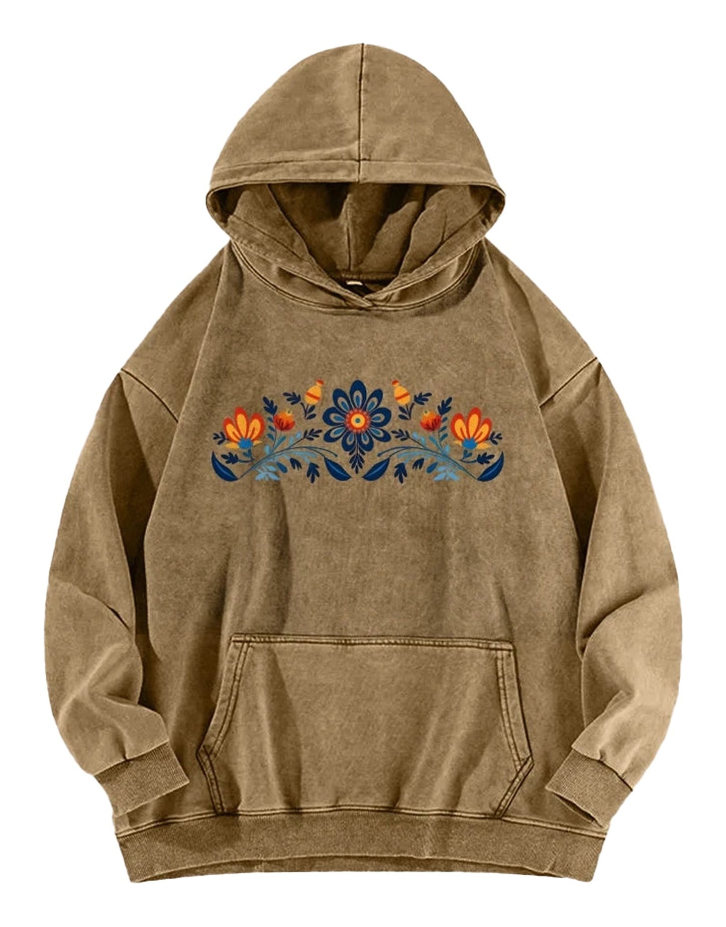 LuckeLadybug women's washed hoodie with national symbols featuring colorful floral design in tan color