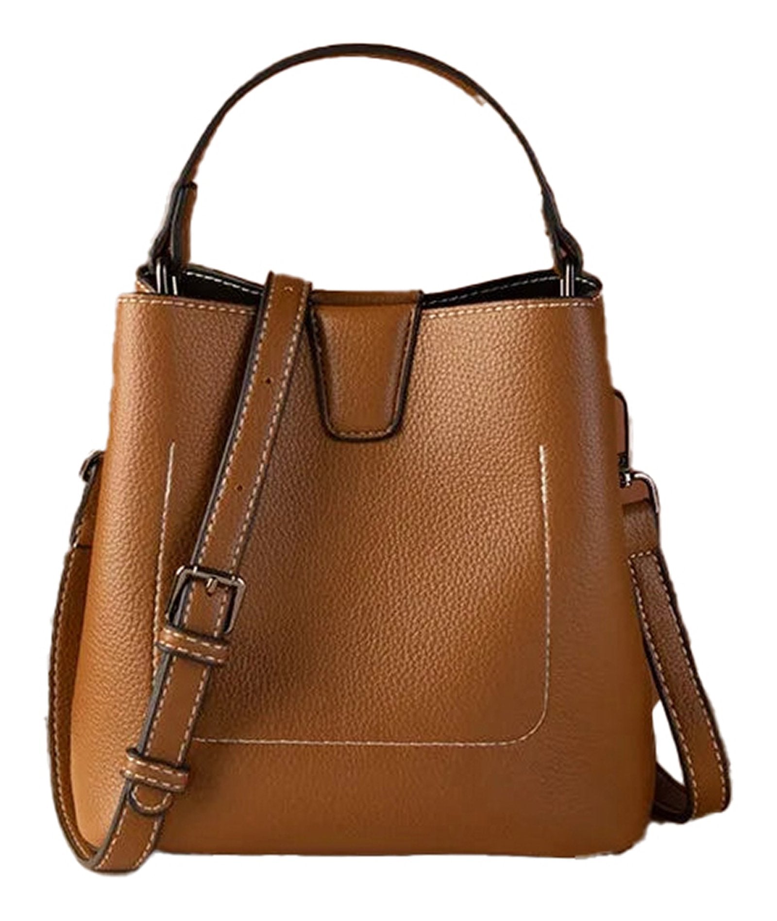 LuckeLadybug women's water bucket handbag in brown leather with adjustable strap and stylish design