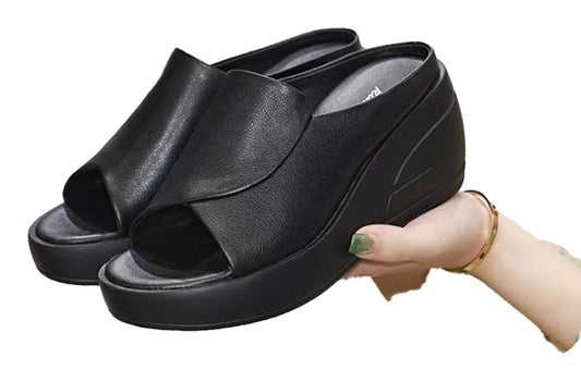 LuckeLadybug women's wedge platform sandals in black with open toe design for stylish comfort