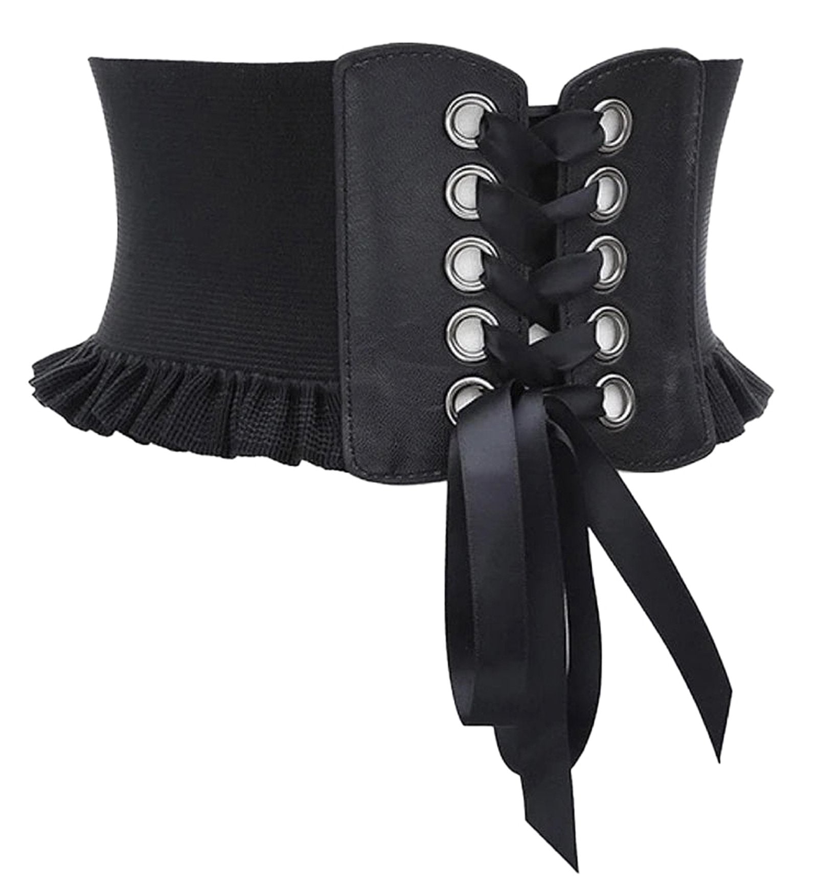 LuckeLadybug women's wide corset belt with lace-up design and ruffled edges for stylish waist accentuation