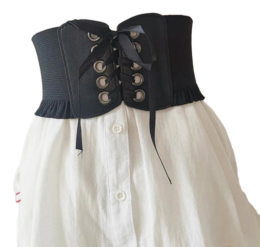 Women's wide corset belt by LuckeLadybug LLC with stylish lace-up detail and elastic design