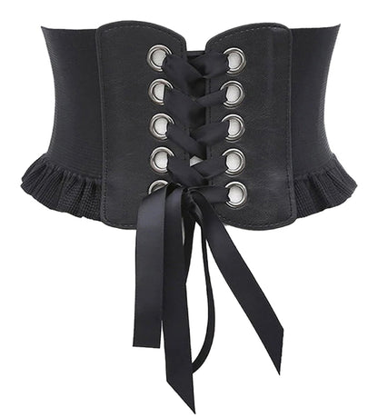 LuckeLadybug LLC women's wide corset belt with lace-up front and ruffled edges for stylish outfits