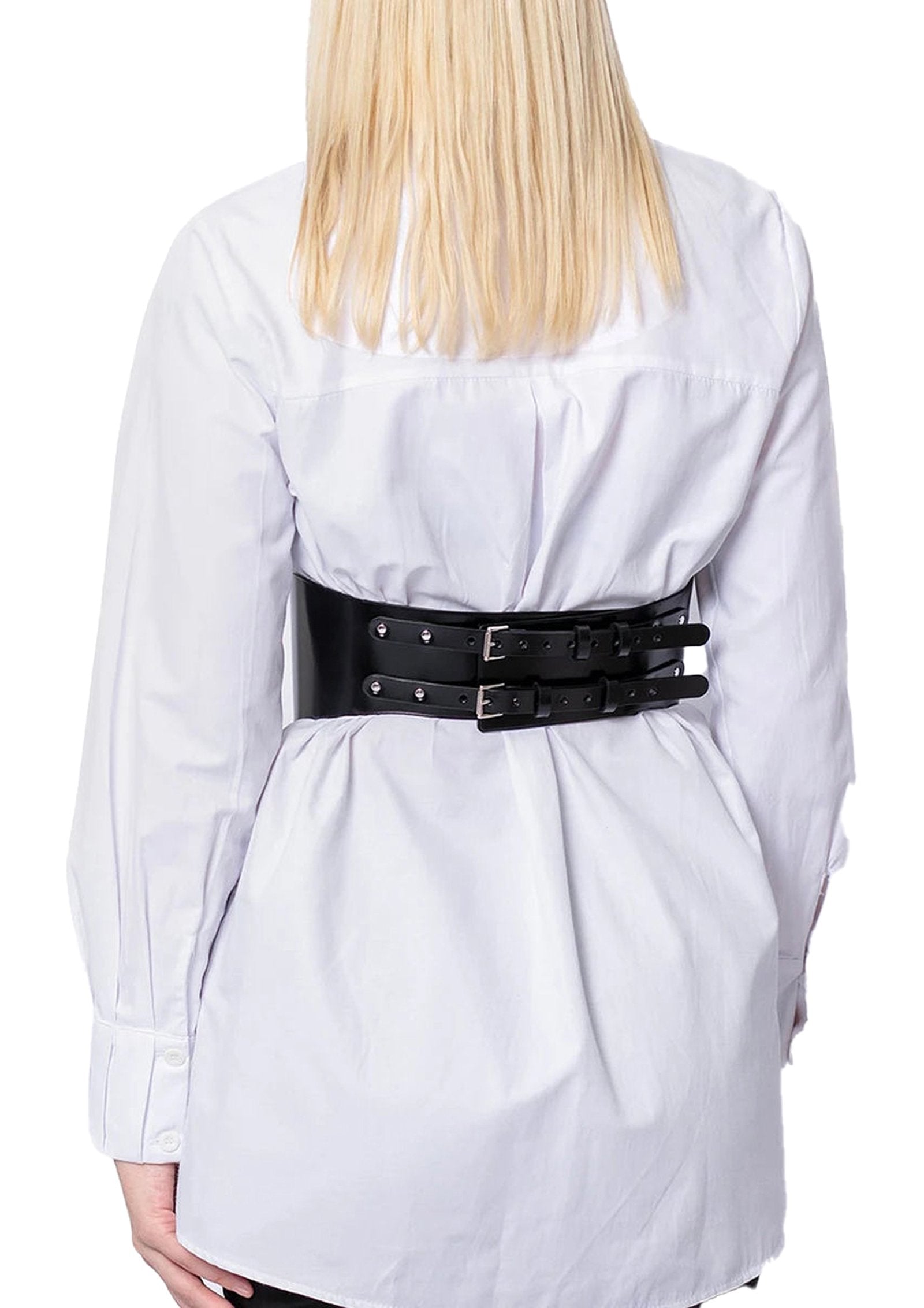 Black women's wide corset belt with multiple adjustable buckles for versatile styling