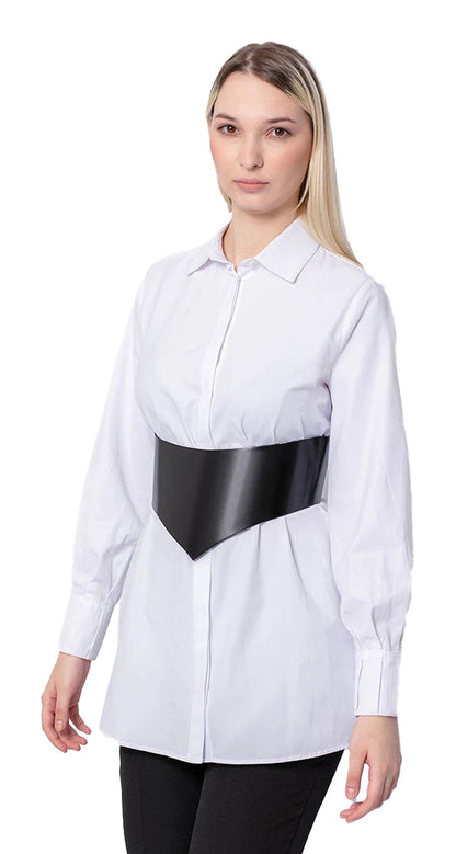 LuckeLadybug women's wide corset belt in black worn over a white shirt for a stylish look