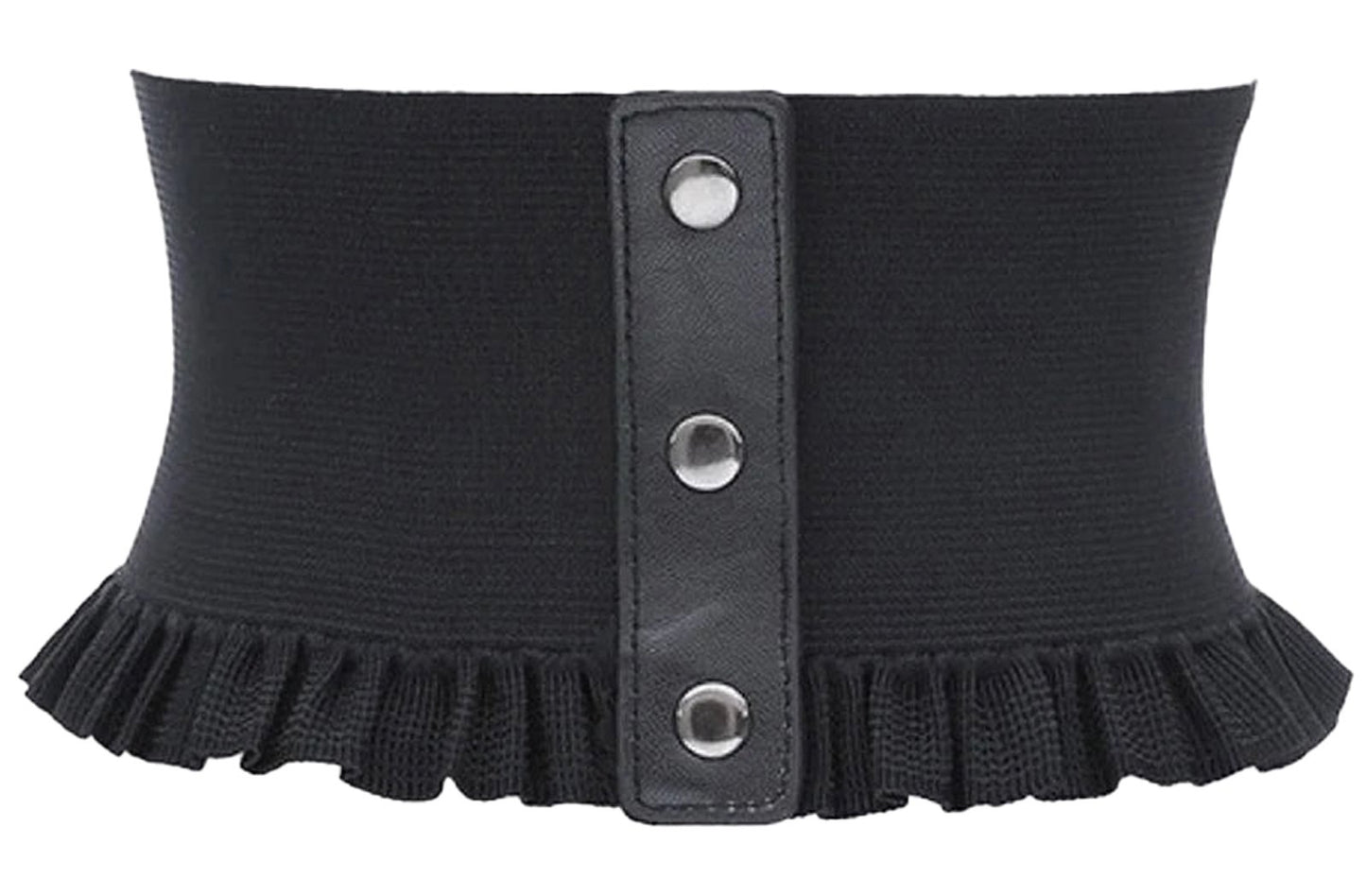 LuckeLadybug women's wide corset belt in black with ruffled edges and snap buttons