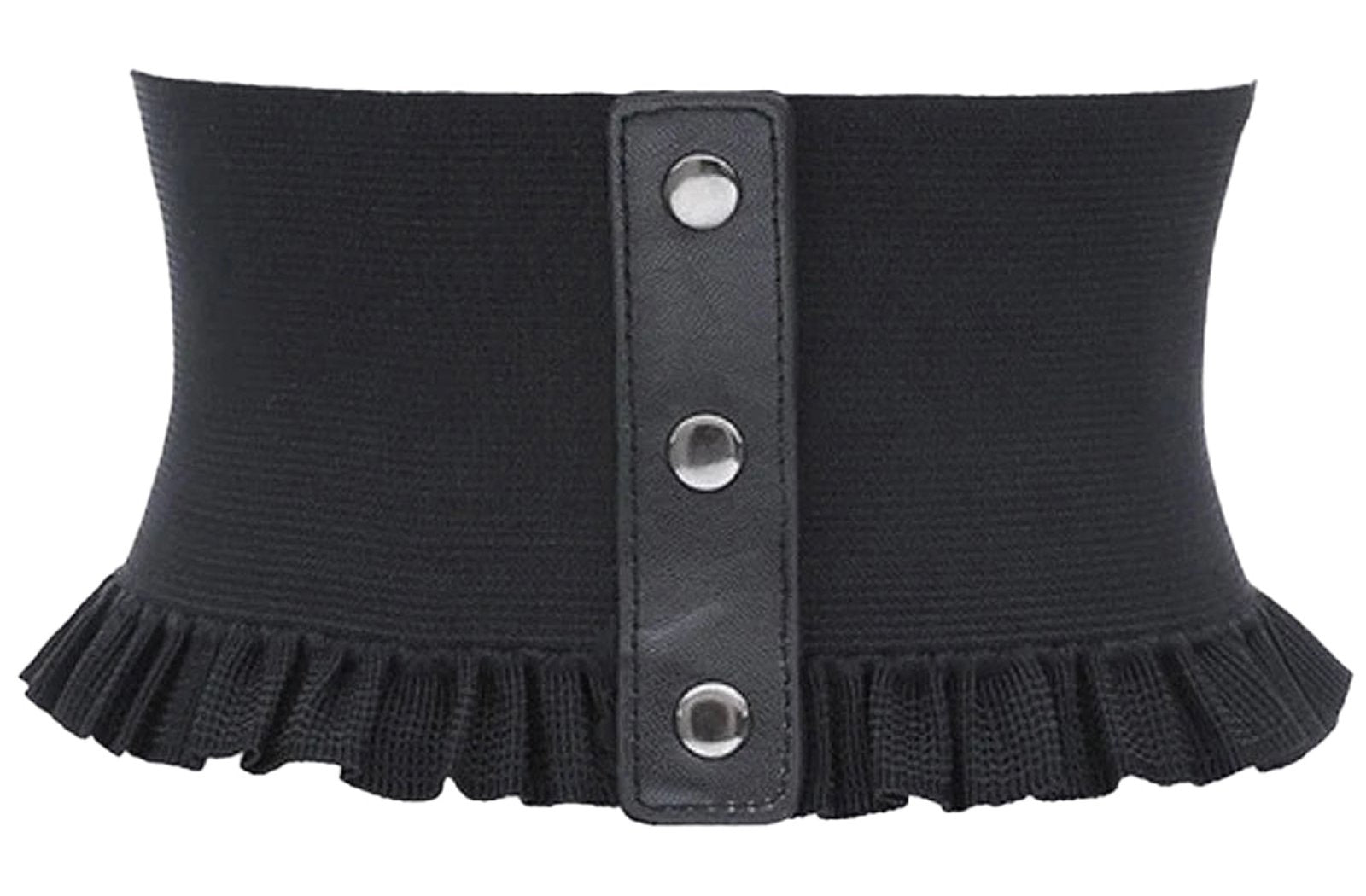 LuckeLadybug women's wide corset belt in black with ruffled edges and snap buttons