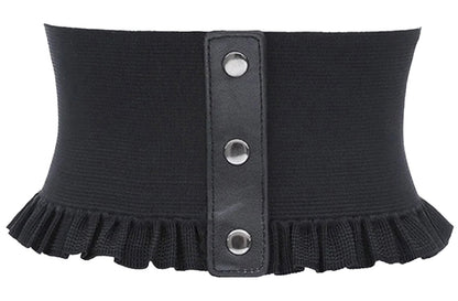 LuckeLadybug women's wide corset belt in black with ruffled edges and snap buttons