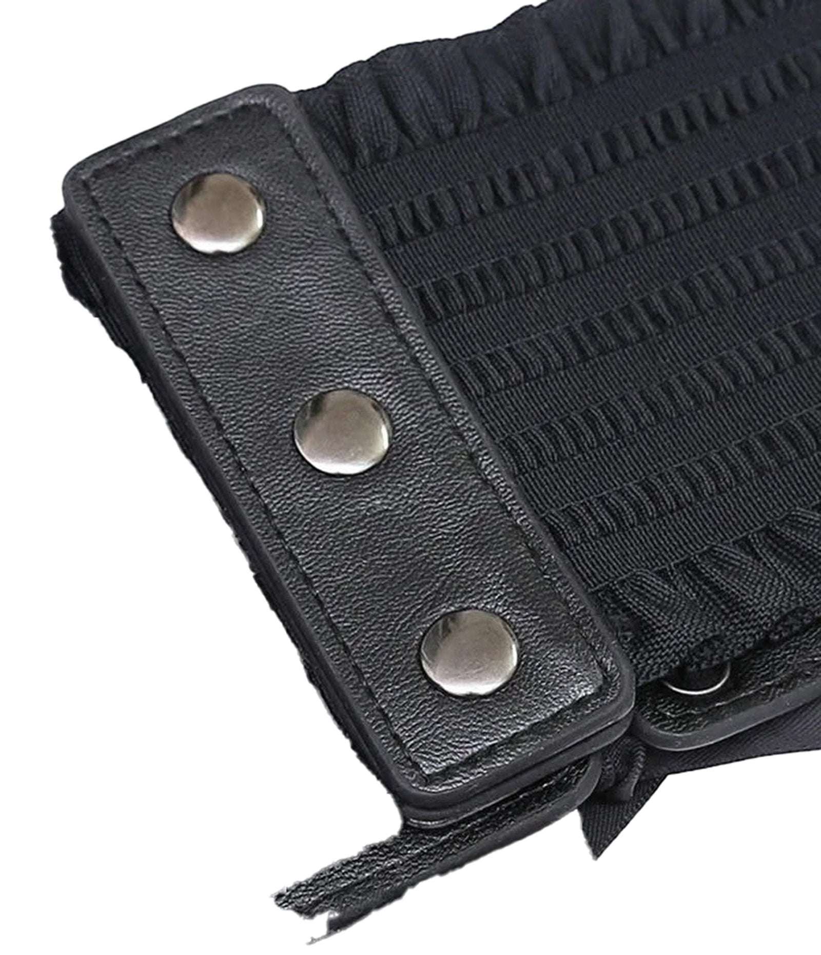 Close-up of a black women's wide corset belt with elastic and snap fasteners for a secure fit