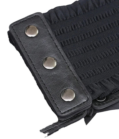 Close-up of a black women's wide corset belt with elastic and snap fasteners for a secure fit
