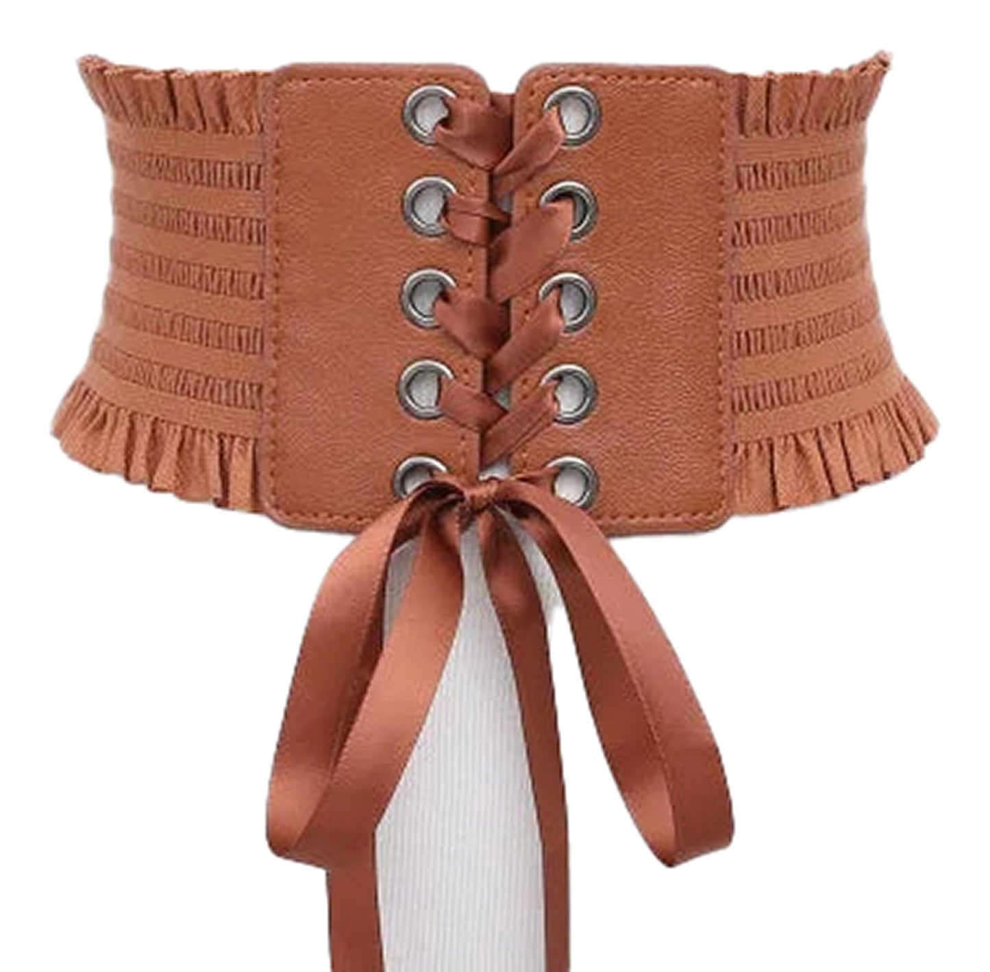 LuckeLadybug women's wide corset belt in tan with lace-up design and ruffled edges