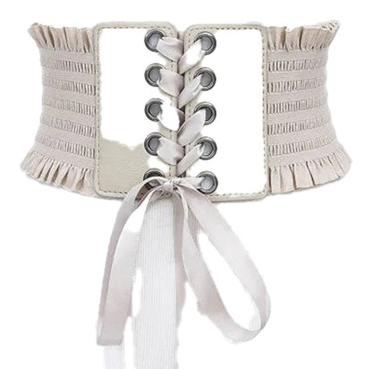 LuckeLadybug women's wide corset belt with lace-up design and ruffled edges in light beige