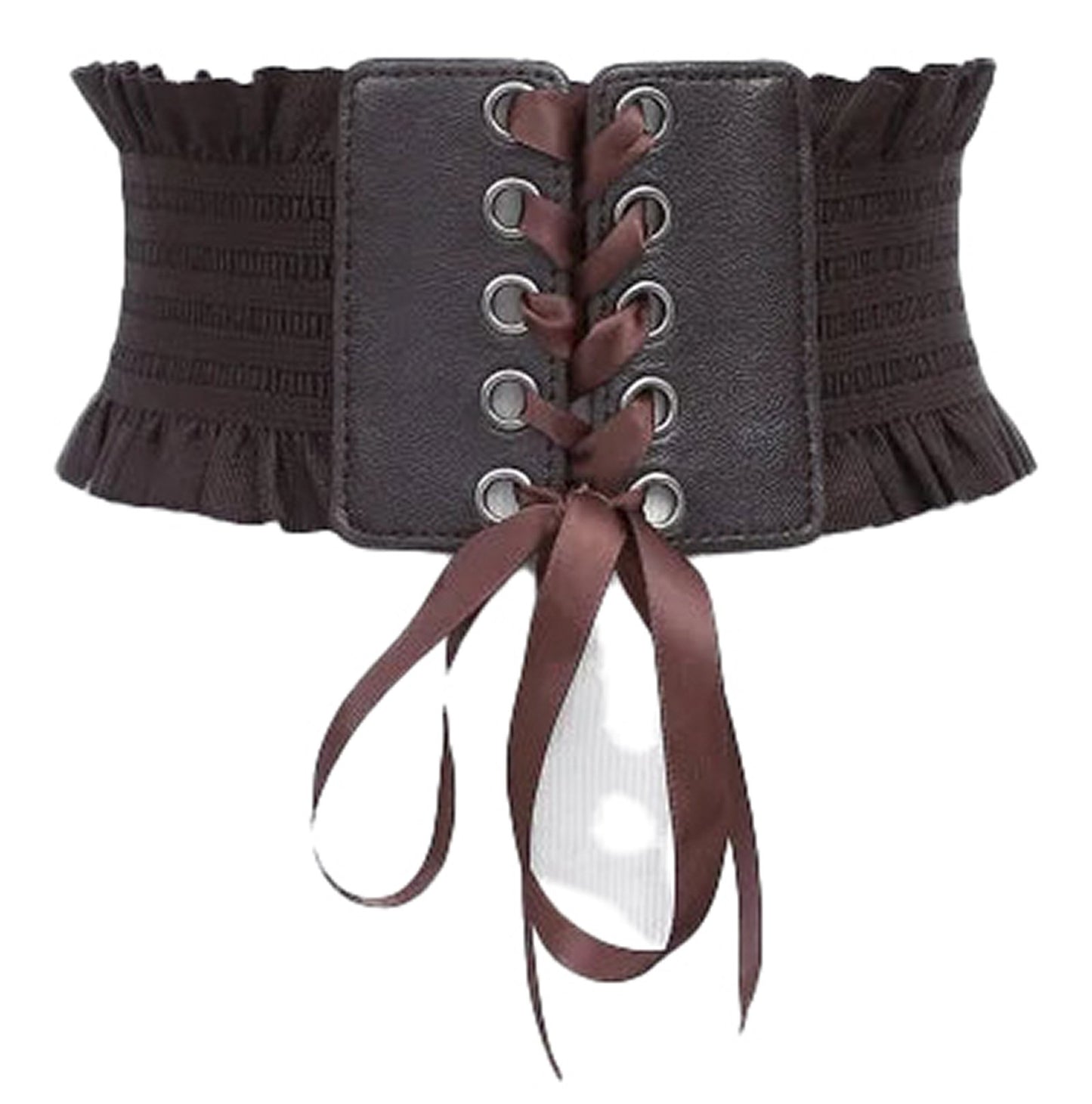 LuckeLadybug women's wide corset belt in brown with lace-up front and ruffled edges for stylish outfits